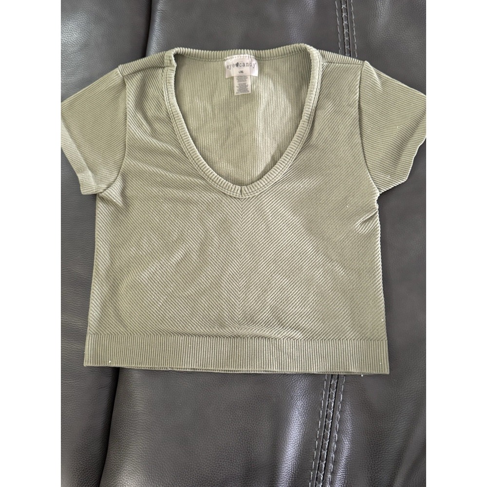 Women's EYE CANDY Cropped Tee Shirt Top  Sage Color Misses XL  Tight Fit